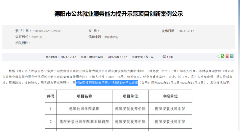 喜讯！学院成功申报德阳市公共就业服务能力 提升示范项目创新案例项目